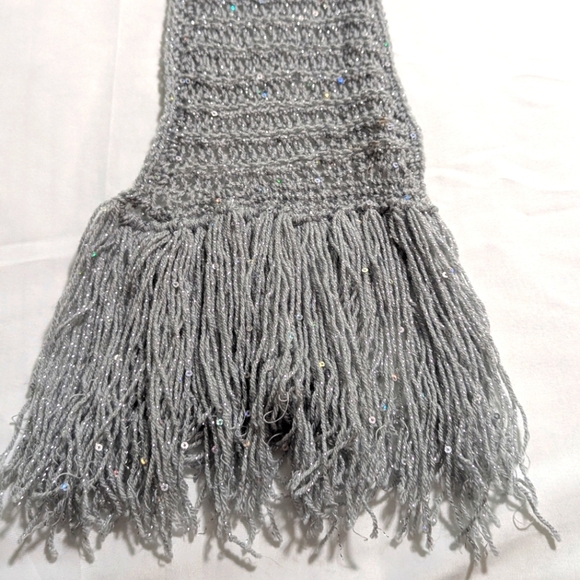 Artisan Made Women's Hand Knitted Oblong Silvery/Grey Scarf with Sequin Accents - Picture 12 of 12